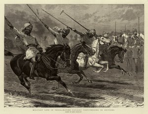 Militair leven in India, inheemse cavalerie tent-pegging in secties
